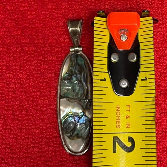 ATI MEXICO?? Abalone Shell Inlay Long Oval Pendant 925 Sterling Silver - Picture 4 of 5